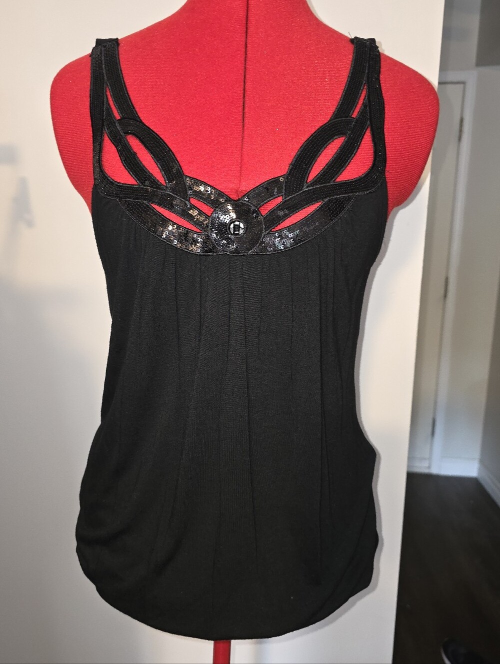 Y2K H&M Black Sequin-Trimmed Cutout Strap Camisole